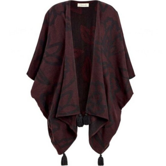 𝅺Cleobella Burgundy & Black Tassel Cape / Wrap / Scarf from Rachel Zoe St… - Picture 3 of 13